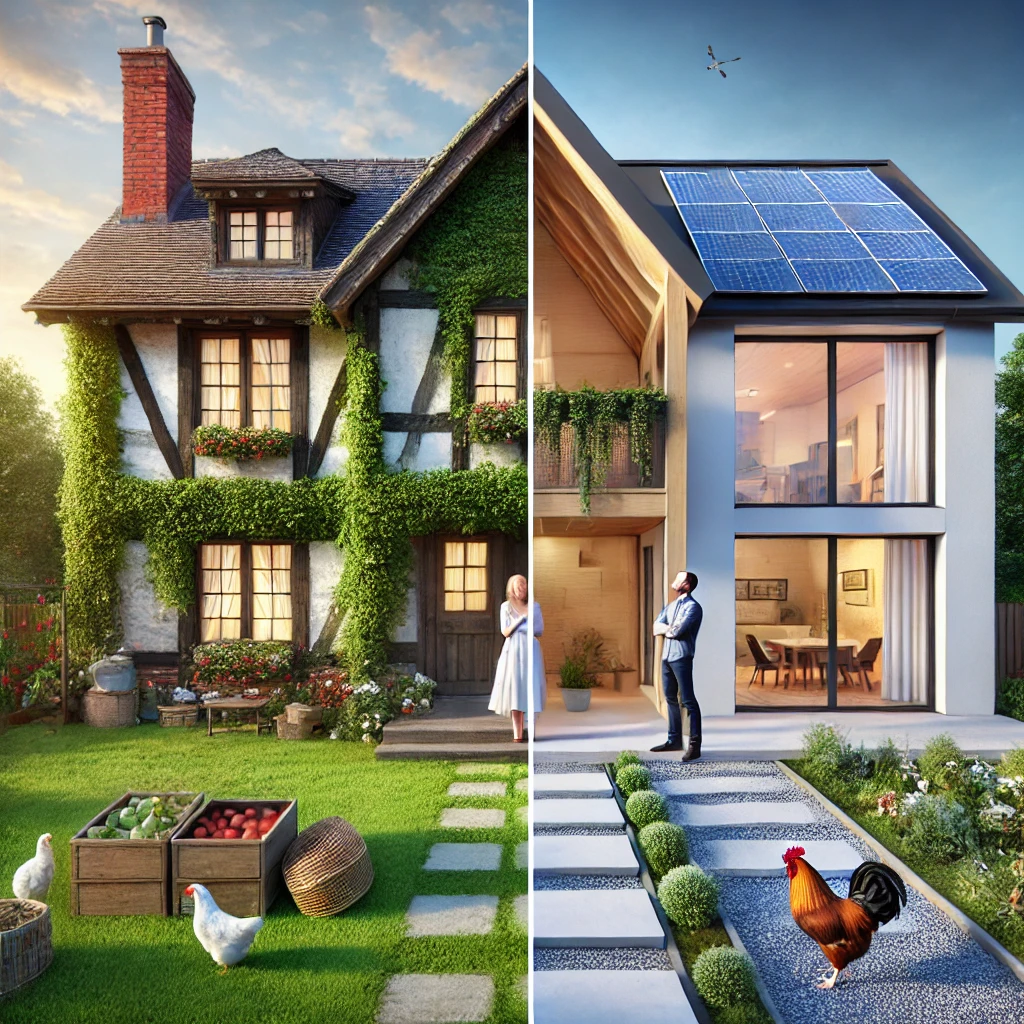 image-comparing-a-charming-renovated-old-farmhouse-on-the-left-side-with-a-modern-newly-built-house-on-the-right-side.-The-farmhouse