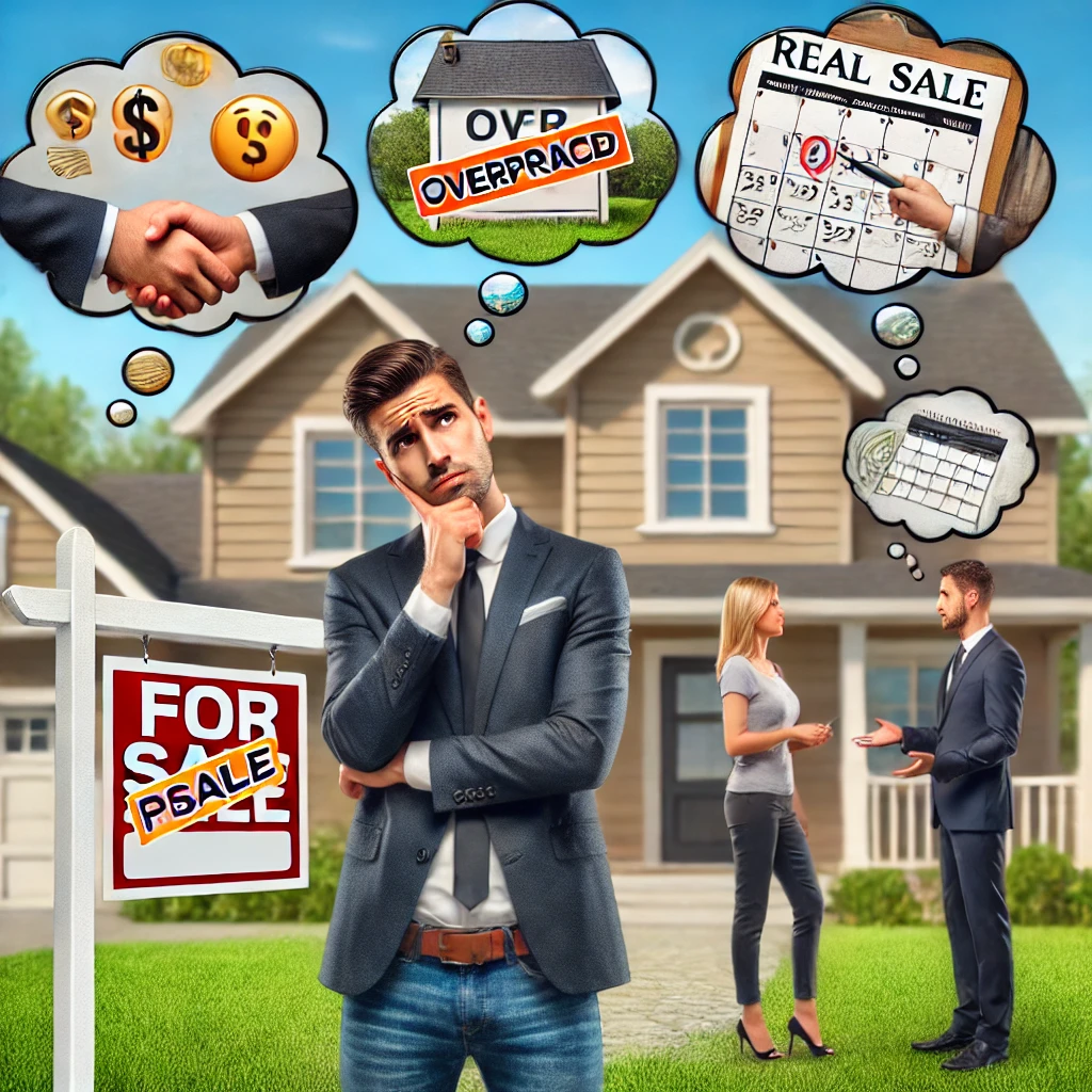 -confused-homeowner-standing-in-front-of-a-house-with-multiple-thought-bubbles_-one-shows-an-overpriced-for-sale-sign-