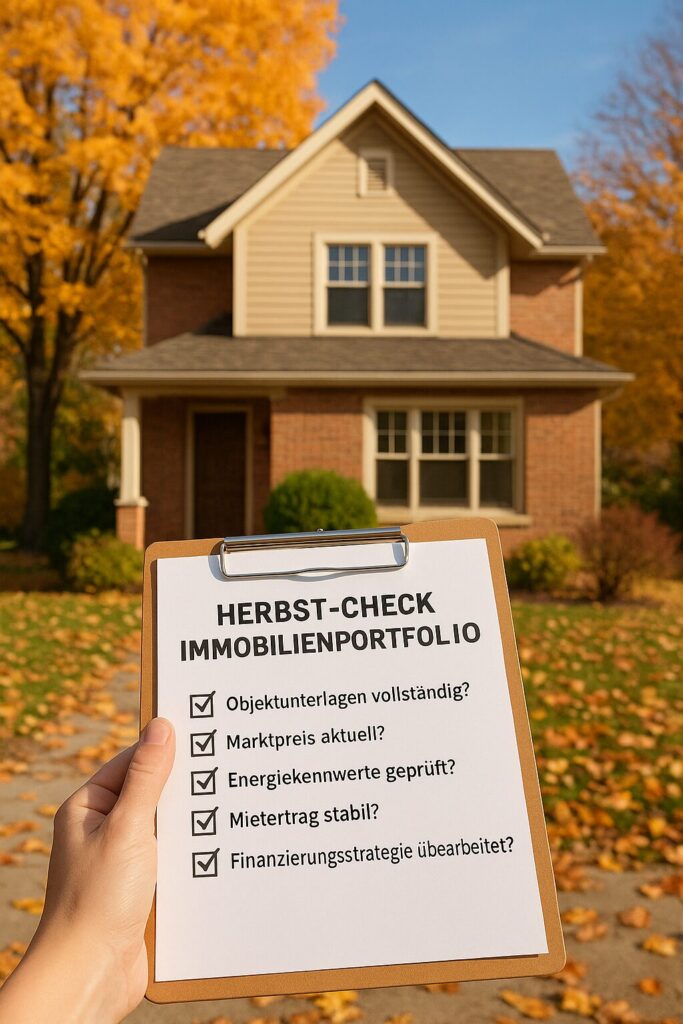 Haus im Herbst, im Vordergrund Checkliste