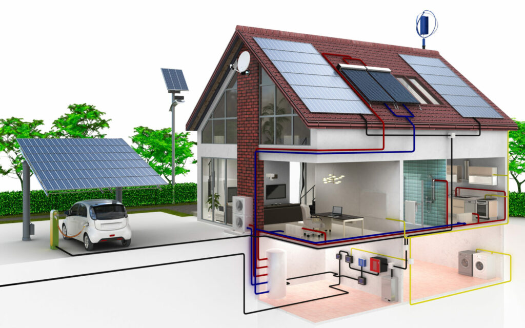Haus mit PV auf dem Dach und wärmepumpe