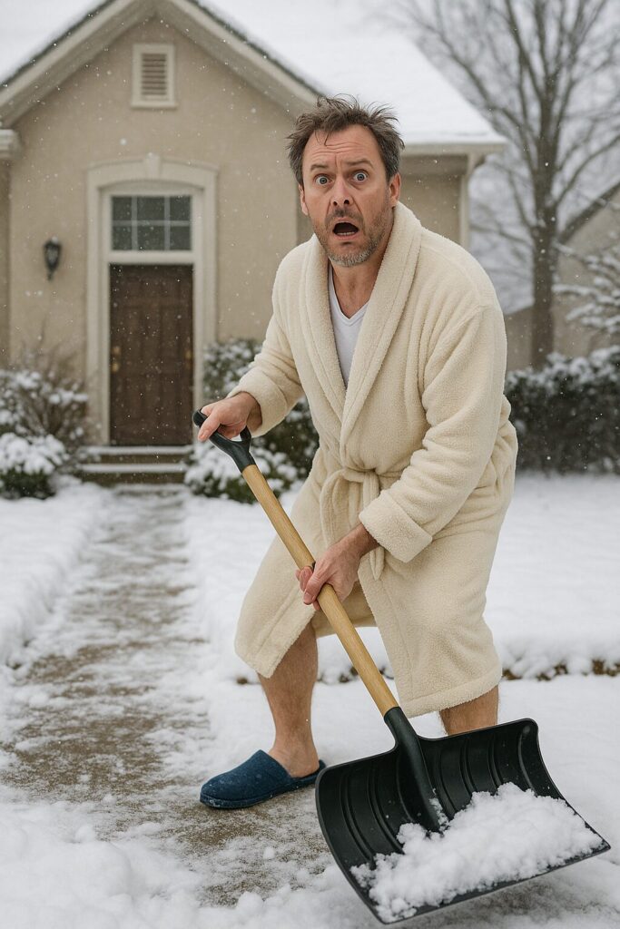 Mann im Bademantel räumt Schnee