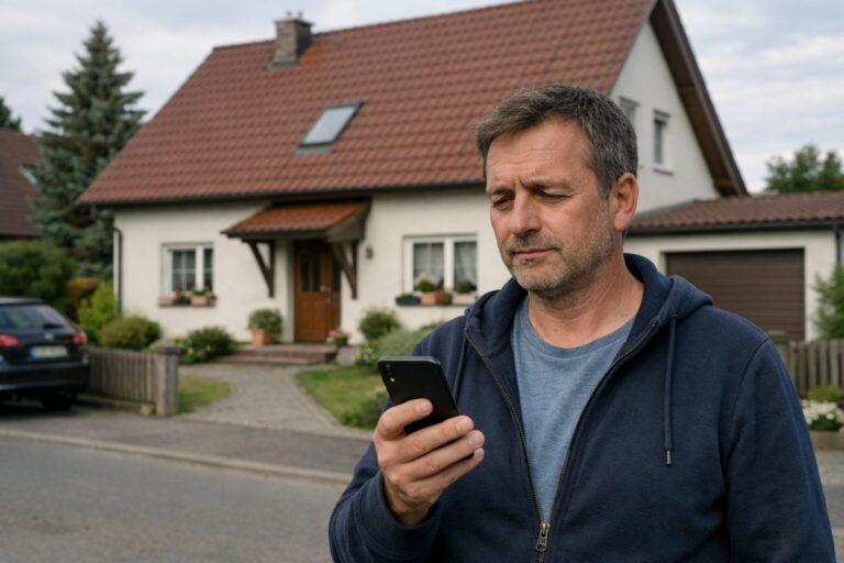 Hausbesitzer schaut auf sein Handy vor dem Haus