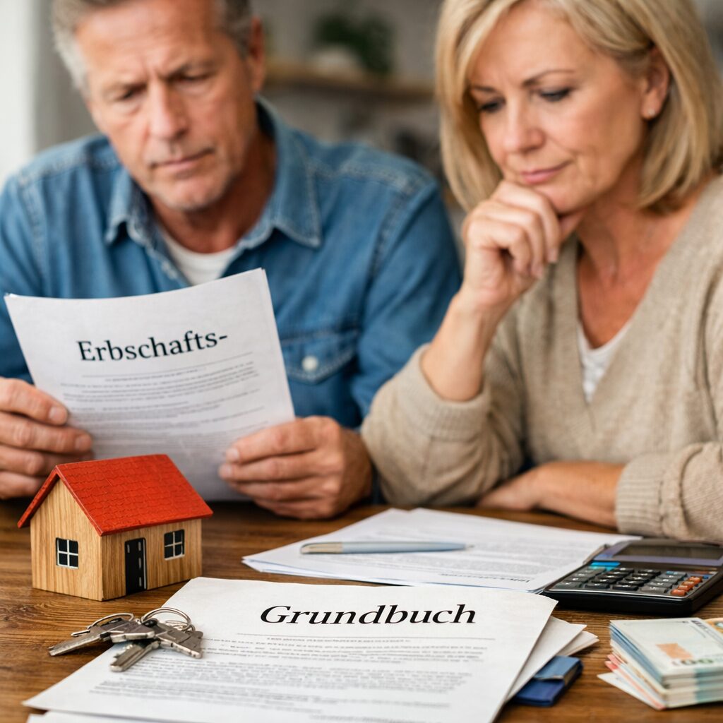 Zwei Personen mit Dokumenten am Tisch.