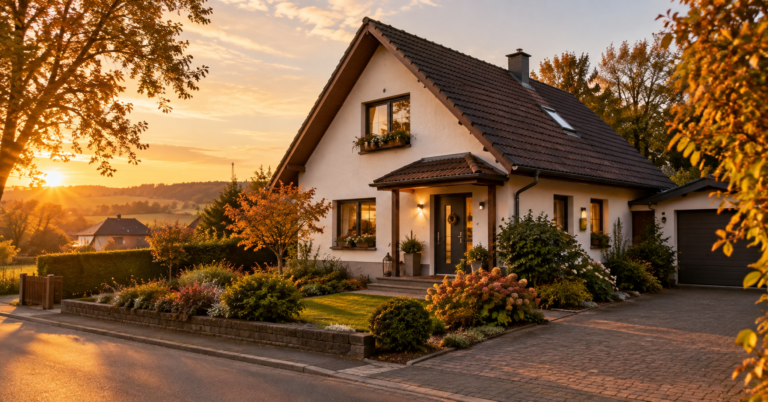 Einfamilienhaus mit Garten in ländlicher Umgebung bei Düren im warmen Abendlicht