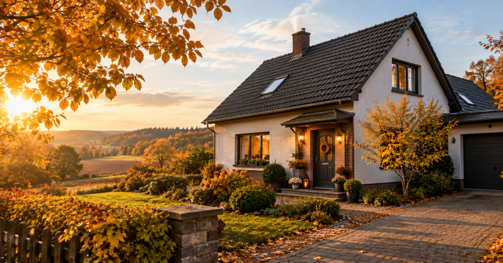 Idyllisches-Herbsthaus-im-goldenen-Abendlicht